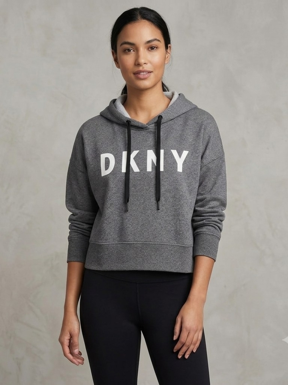 DKNY Sport Women’s XL Heather Gray Big Logo Cropped Pullover Hoodie Sweatshirt